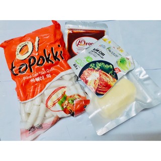 Combo Toppokki siêu hấp dẫn( 1kg bánh gạo kèm 100g phô mai mozzazzella +100g bột phô mai+ 100g sôt Hàn Quốc)