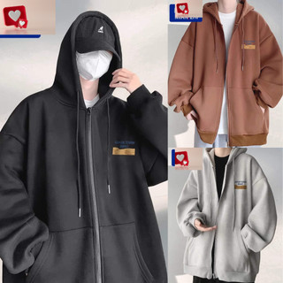 Áo khoác nữ nam chất nỉ dày dặn phom rộng hoodie có mũ mùa đông khóa kéo freesize dưới 70kg in nâu chữ nhỏ trước