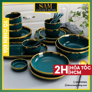 (Mới) Chén Bát Đĩa Tô Sứ Tráng Men Cao Cấp Xanh Viền Mạ Vàng, Bát Đĩa Hàn Quốc Sứ Mạ Vàng Xanh Cổ Vịt Emerald Cao Cấp