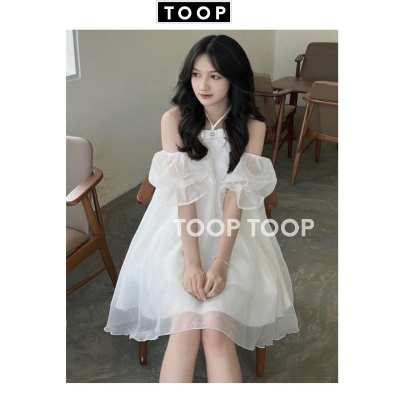 Đầm voan hai lớp cổ yếm đính nơ hở vai tay bồng dáng ngắn xoè - Váy nữ đẹp phong cách tiểu thư bánh bèo - TOOP MALL V150
