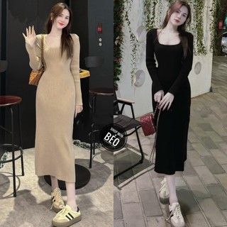 Đầm cổ vuông tay dài chất thun tăm lạnh co giãn thích hợp mặc ở nhà đi chơi đi dạo phù hợp với mọi phong cách