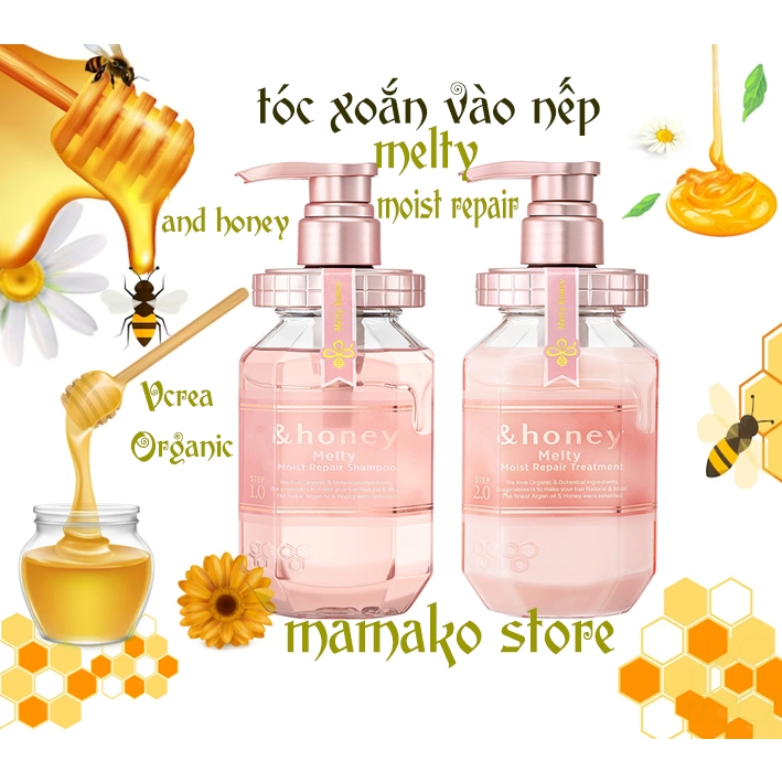 Dầu gội and Vcrea Organic hữu cơ màu hồng Honey Melty Moist Repair/ hình bông hoa mai/ dưỡng ẩm sâu cho tóc xoắn vào nếp