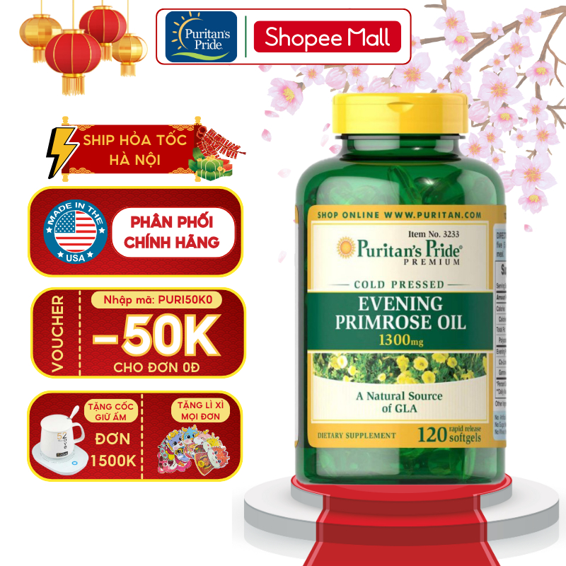 Tinh dầu hoa anh thảo Puritan's Pride Evening Primrose Oil 1300 mg with GLA 120 viên