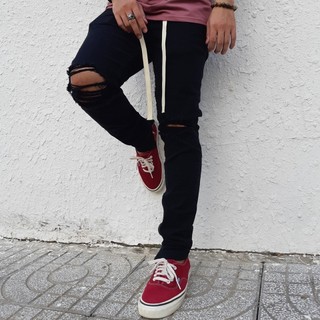 Quần jean nam Streetwear DATINO màu đen rách gối khóa Zipper form Skinny co giãn, bền màu