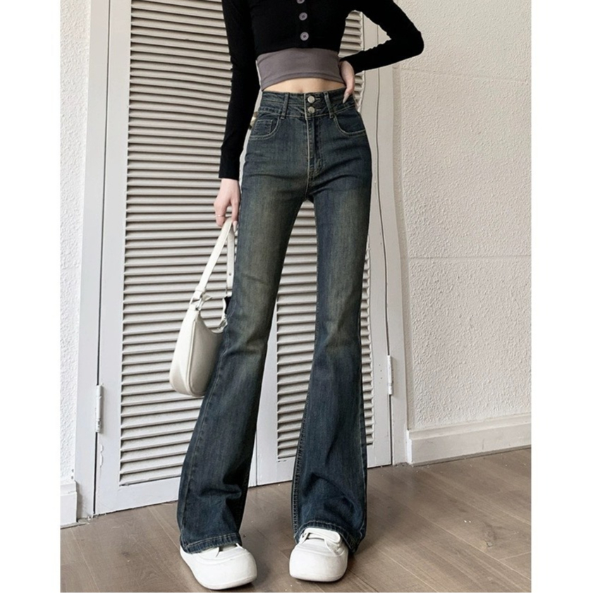 Quần bò jean nữ cạp cao ống loe màu xanh basic cá tính phong cách retro hàn quốc mặc đi chơi đi làm DELIZ