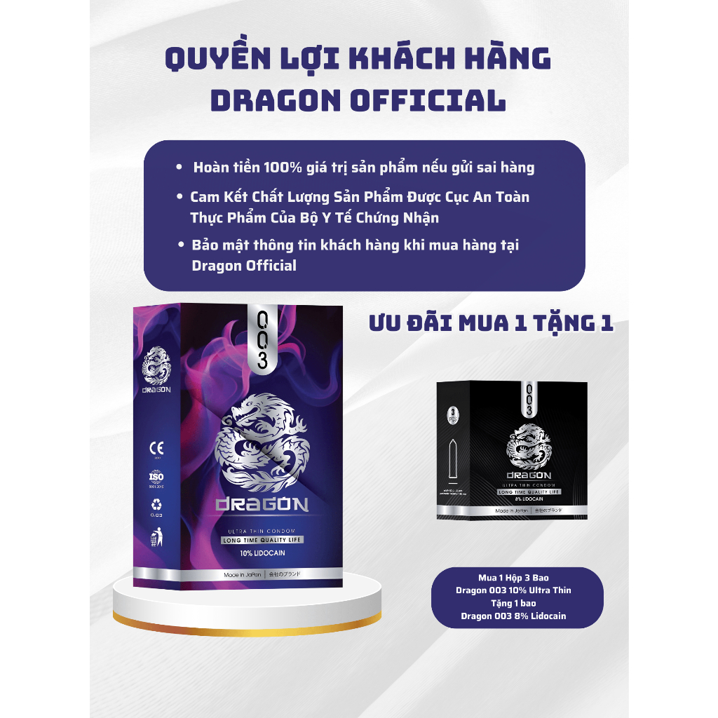 Bao Cao Su Hộp 12 Chiếc Dragon 003 Siêu Mỏng thêm gai nổi 10% Lidocain kéo dài thời gian cực lâu BCS Nhật Bản Japan mỏng