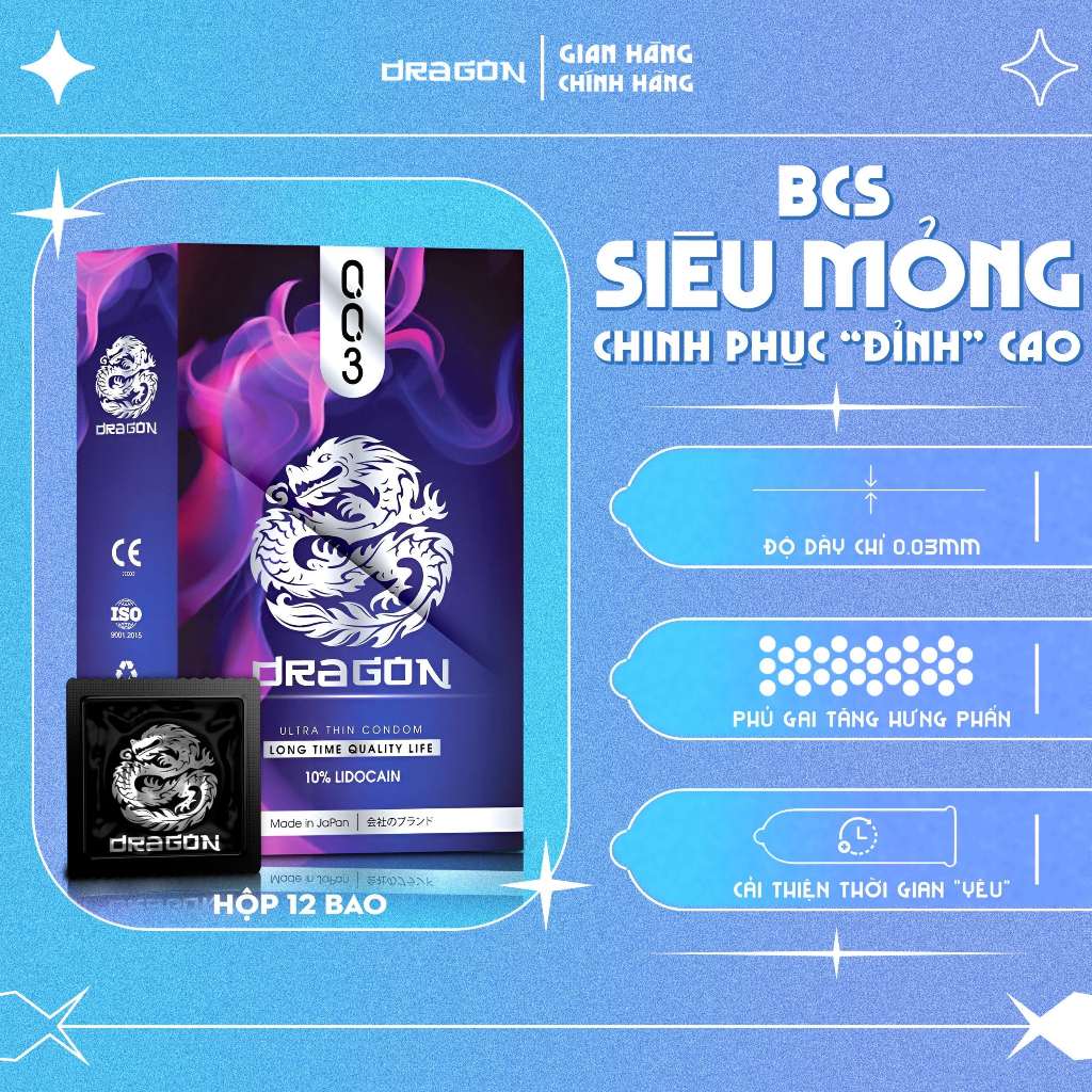 Bao Cao Su Hộp 12 Chiếc Dragon 003 Siêu Mỏng thêm gai nổi 10% Lidocain kéo dài thời gian cực lâu BCS Nhật Bản Japan mỏng