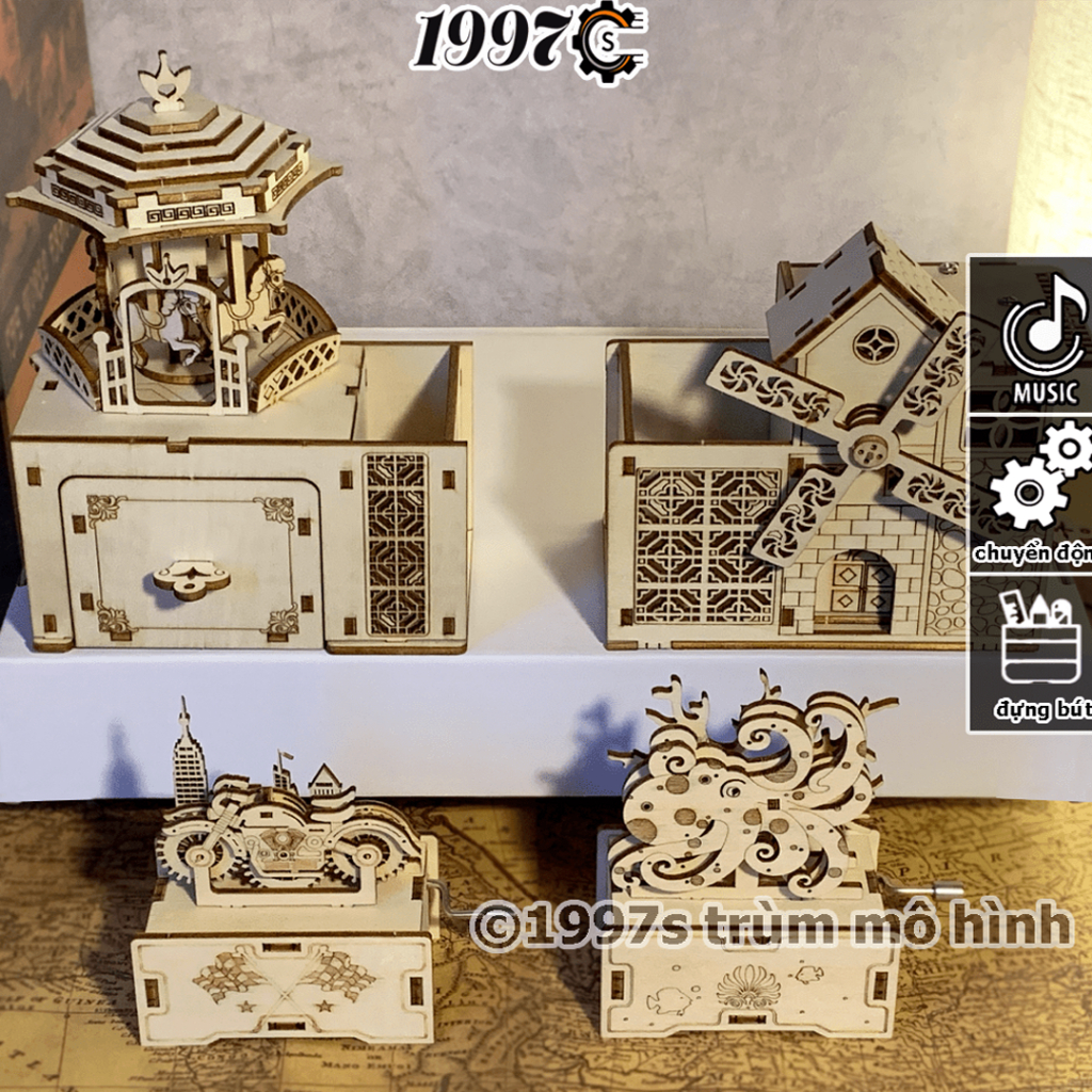 Hộp nhạc gỗ dây cót mini chuyển động - hộp bút DIY lắp ráp -  Mô hình lắp ghép gỗ 3D -  quà tặng decor trang trí để bàn