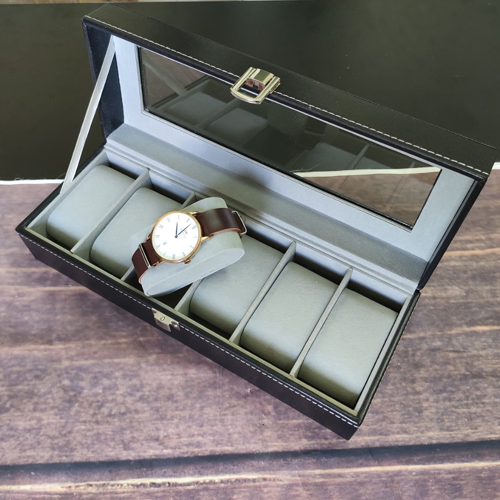 Hộp đựng đồng hồ 6 ngăn bằng da mặt trên kính để trưng bày đồng hồ