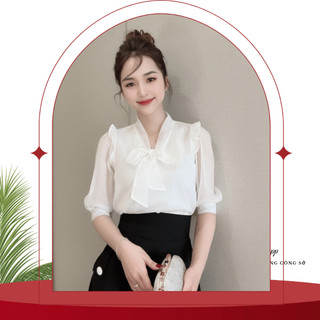 [ Loại 1] Áo sơ mi nữ kiểu cổ thắt nơ trẻ trung, Chất von 2 lớp phối, tay áo lỡ đẹp