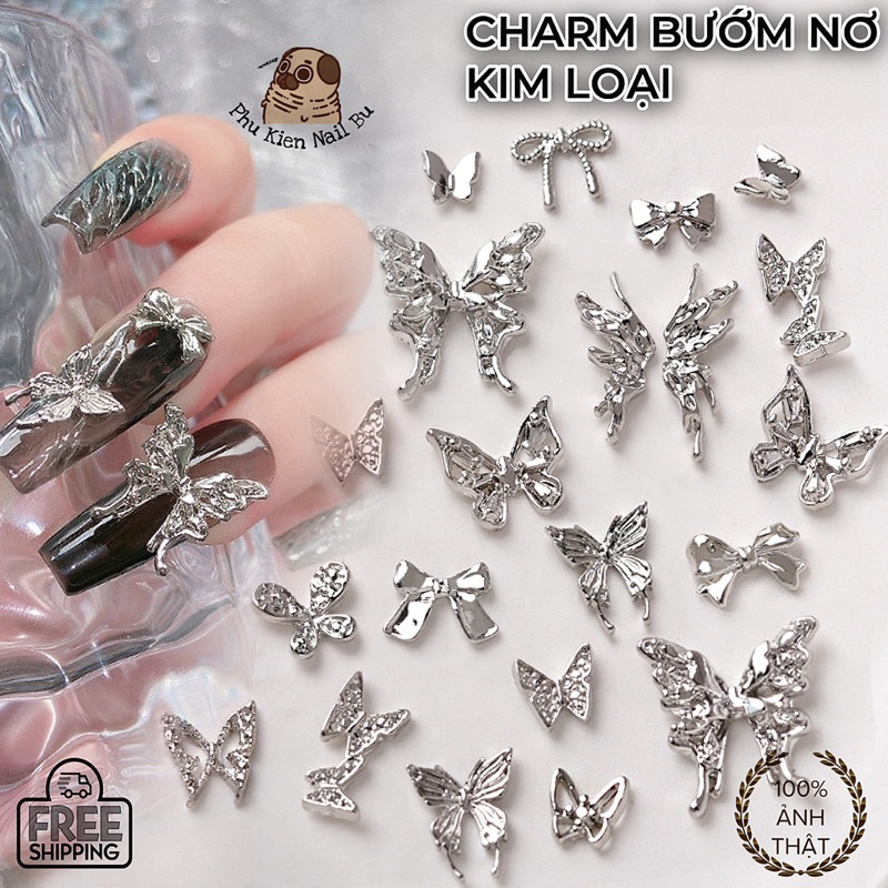 Charm bướm nơ kim loại bạc