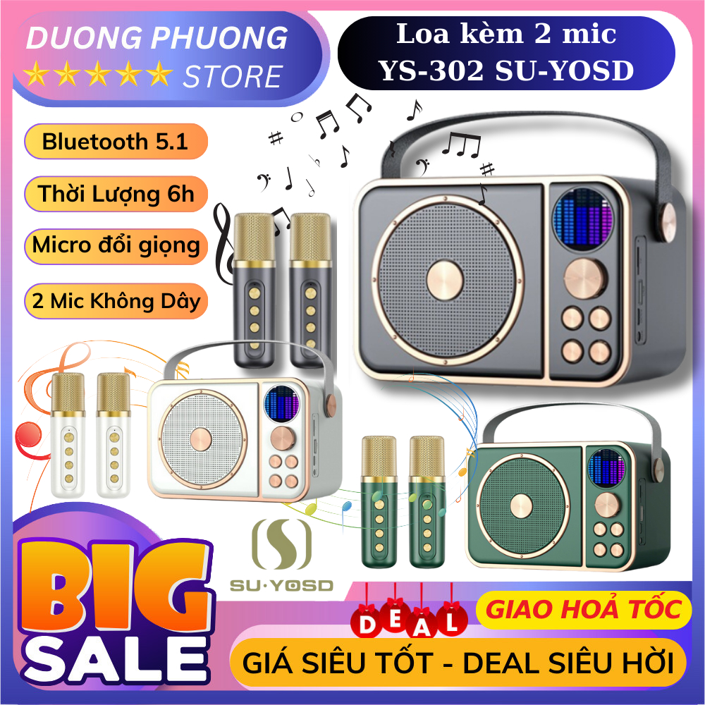Loa Karaoke Bluetooth Mini YS-302 SU-YOSD Kèm 2 Mic Không Dây, Âm Thanh Siêu Hay, Bass Cực Đã tai - Mic Đổi Tone Giọng