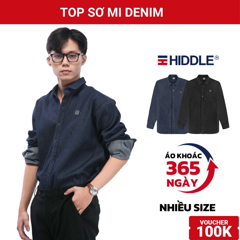 Áo sơ mi jean nam hàng hiệu HIDDLE vải denim đen, xanh rin tay dài cao cấp chính hãng | H10-S8