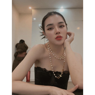  Vòng cổ hai tầng xinh chữ và ngọc đan xen 