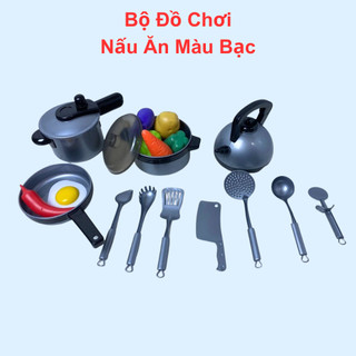 Bộ nấu ăn đồ chơi nấu ăn màu bạc cho bé chơi đồ hàng giúp tương tác với bạn bè người thân