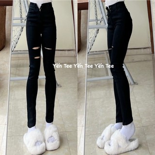 (Chất Đẹp) Quần jeans ôm đen rách ngang3 Yến Tee,chuẩn chất jeans cotton dầy, mềm ,co dãn tốt
