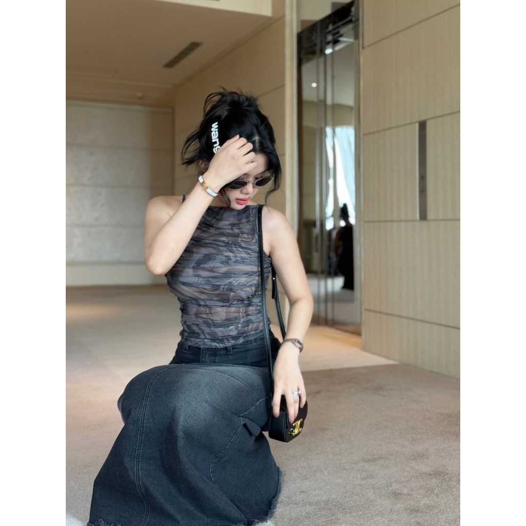 Áo Nữ Ruffle Sleeveless Top, Chất Vải Thun Lưới In Pattern Thoải Mái,WKI024, SOMEHOW