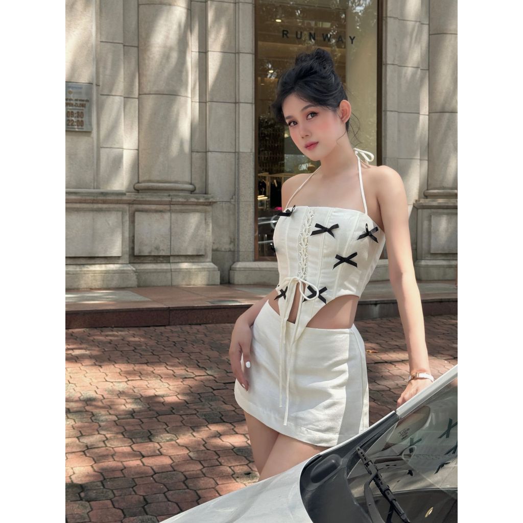 Set Áo Crop Nữ Bowtie String Short Skirt, Chất Vải Taffa Xước Thoải Mái, WSB088, SOMEHOW