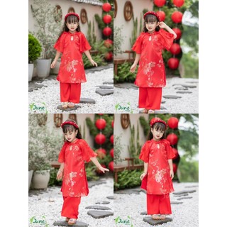 Áo dài june bé gái hoa gấm màu đỏ - ad208