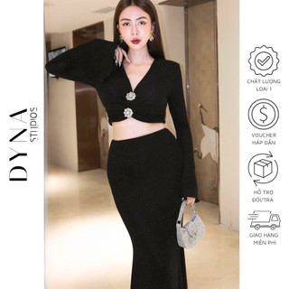 Set áo đính đá cổ chữ V croptop hở eo 𝐀𝐒𝐇𝐘𝐋𝐄𝐘 kèm tag đá  tay loe phối chân váy đính đá dáng đuôi cá