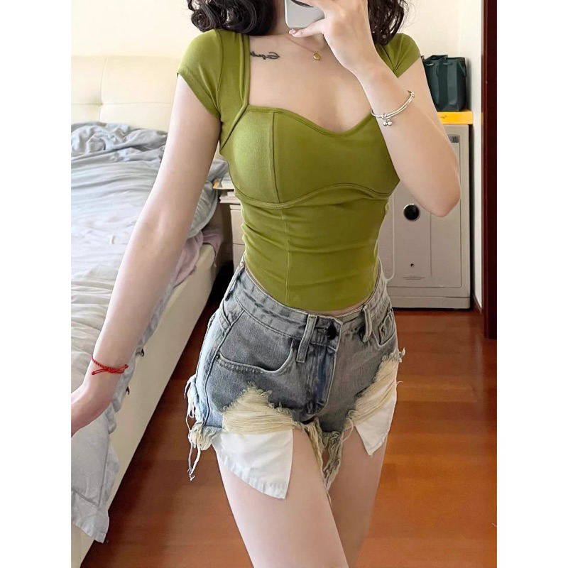 Quần Short Jeans Nữ Lưng Cao Chất Vãi Cao Cấp Túi Dài