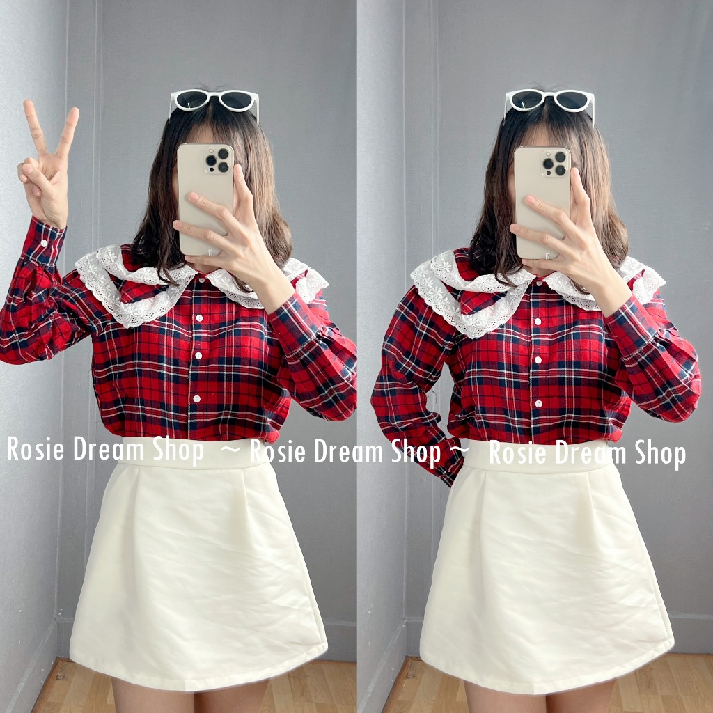 Xả kho - Áo sơ mi cổ viền ren kẻ đỏ thô mềm