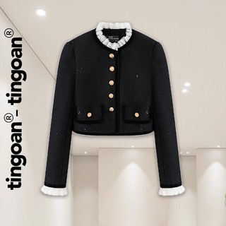TINGOAN® - Áo tweed form lửng đen phối ren viền cổ và tay áo MIDNIGHT RAIN JACKET/BL