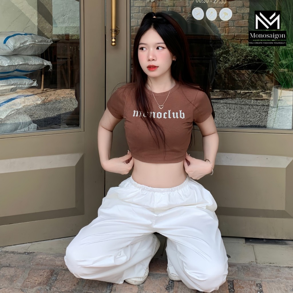 Áo croptop thun nâu cổ tròn tay ngắn ôm body cao cấp In Chữ cá tính thời trang StyleGenZ đi chơi