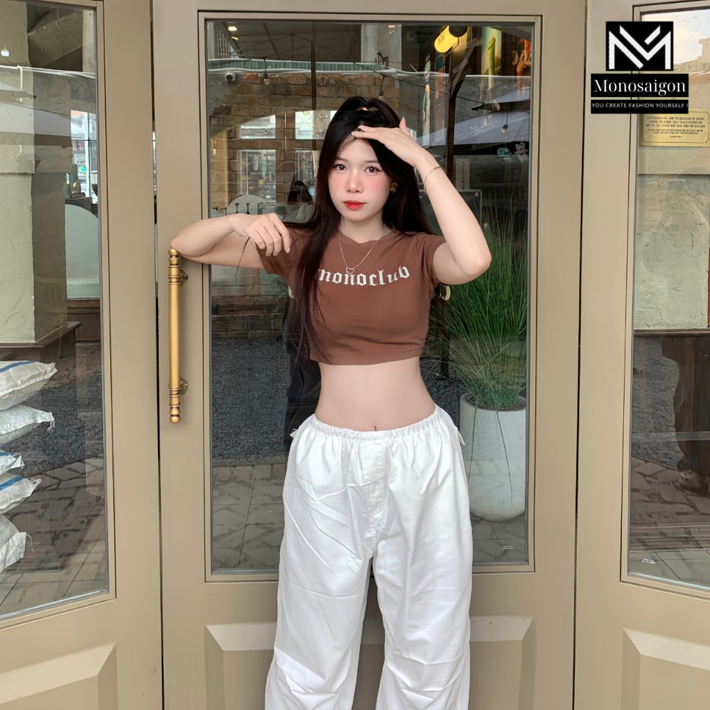 Áo croptop thun nâu cổ tròn tay ngắn ôm body cao cấp In Chữ cá tính thời trang StyleGenZ đi chơi