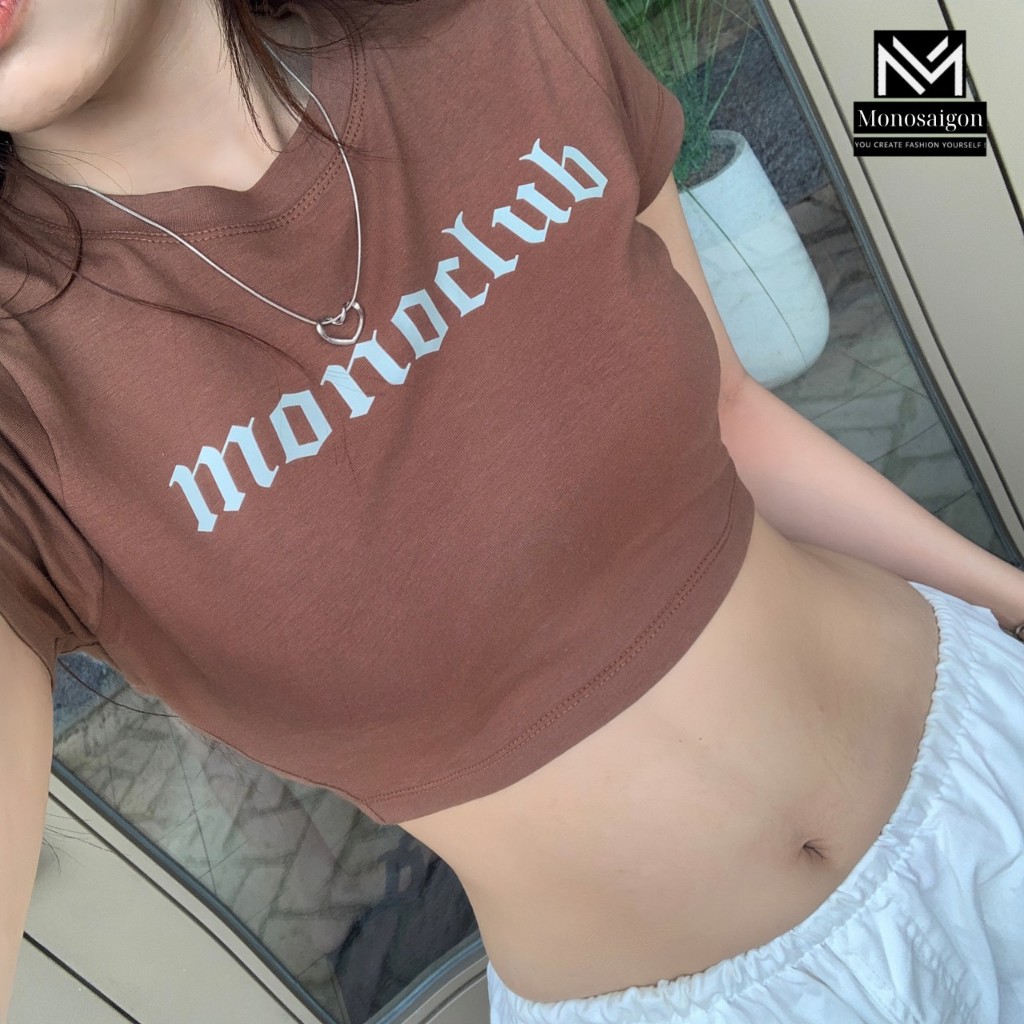 Áo croptop thun nâu cổ tròn tay ngắn ôm body cao cấp In Chữ cá tính thời trang StyleGenZ đi chơi