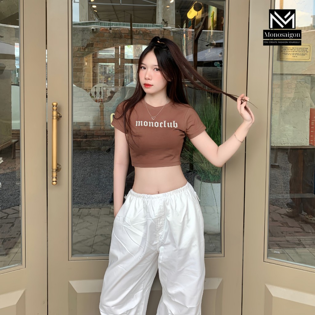 Áo croptop thun nâu cổ tròn tay ngắn ôm body cao cấp In Chữ cá tính thời trang StyleGenZ đi chơi