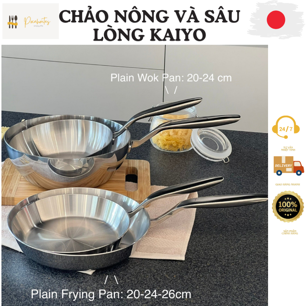 Chảo cạn, chảo sâu lòng đúc inox chống dính nguyên khối, đáy liền thân, inox 18/10, KAIYO nhật, phù hợp mọi loại bếp