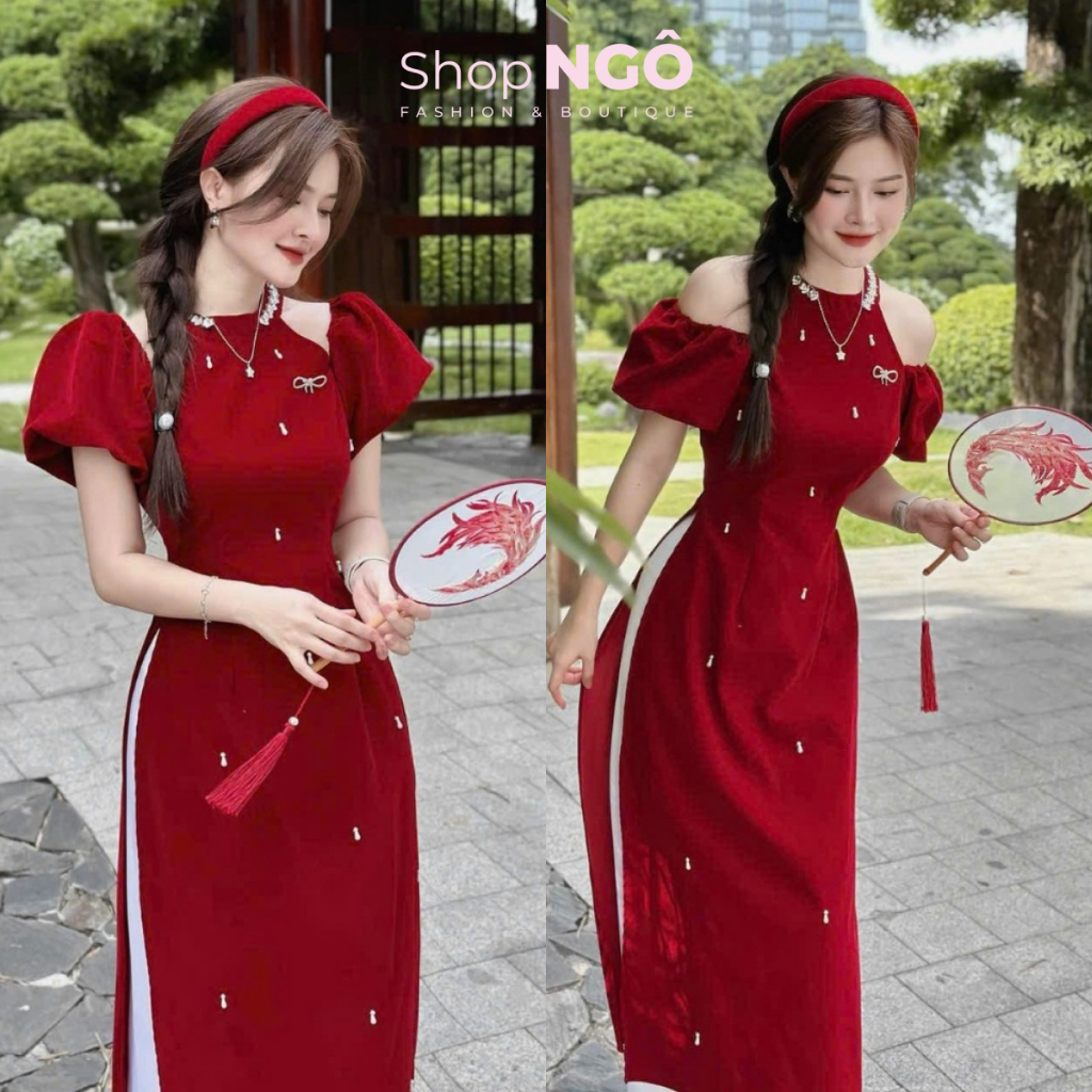 Áo dài nhung - Set áo dài đỏ diện TẾT 2026,áo dài NHUNG ĐỎ cổ yếm kết cườm hoa tag đá trễ vai tay búp+QUẦN TRẮNG PHI LỤA