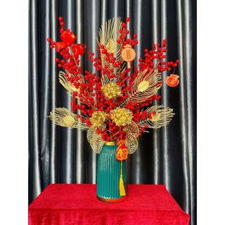 Set hoa giả cắm bình trang trí nhà cửa sang trọng, hoa màu đỏ decor nhà cửa đón năm mới