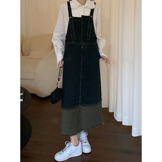 Váy yếm bò denim phối rách retro cài đai phong cách năng động nữ tính hàn quốc
