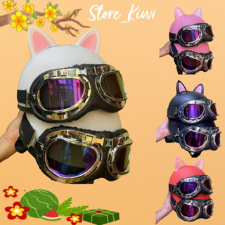 Mũ bảo hiểm , Nón bảo hiểm 1 2 , Nón Bảo Hiểm Phượt Nửa Đầu Kèm Kính Kèm Tai Mèo Shop Store KiWi