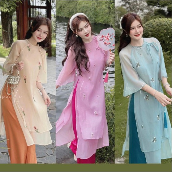 Áo Dài Cách Tân Thêu Hoa Chất Tằm Nhăn 3 Lớp Siêu Đẹp Mix Quần Lụa Hàn HM