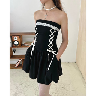 JANET STUDIO • Đầm dáng bubble ngang ngực đen