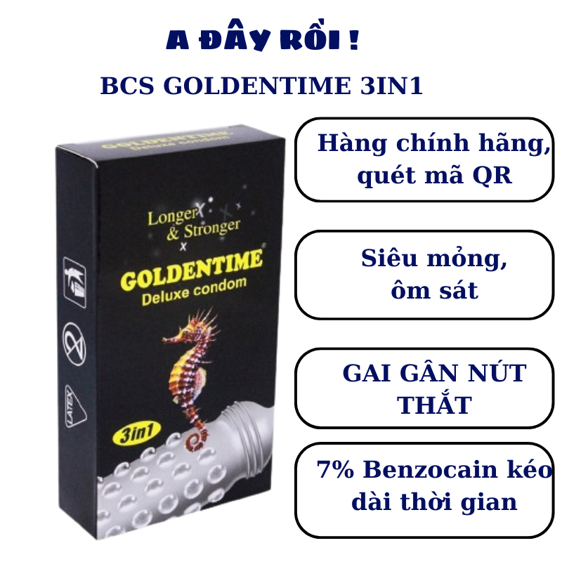 Bao cao su có gai siêu mỏng GOLDENTIME 3IN1 nhiều gel, kéo dài thời gian quan hệ size 52mm(Hộp 12C)