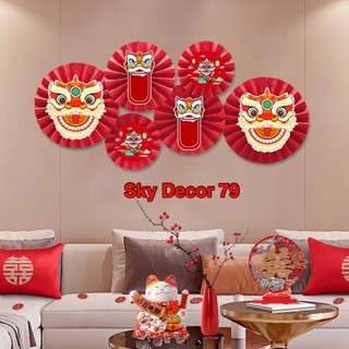 Set 6 quạt giấy đỏ mặt lân - trang trí lễ hội, trung thu, tết cổ truyền