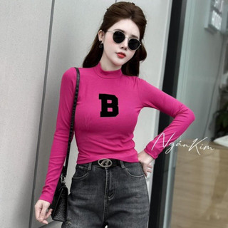 (New) Áo croptop tay dài cổ lọ cao , áo nữ body in chữ B, Áo thun tăm cổ tròn in chữ