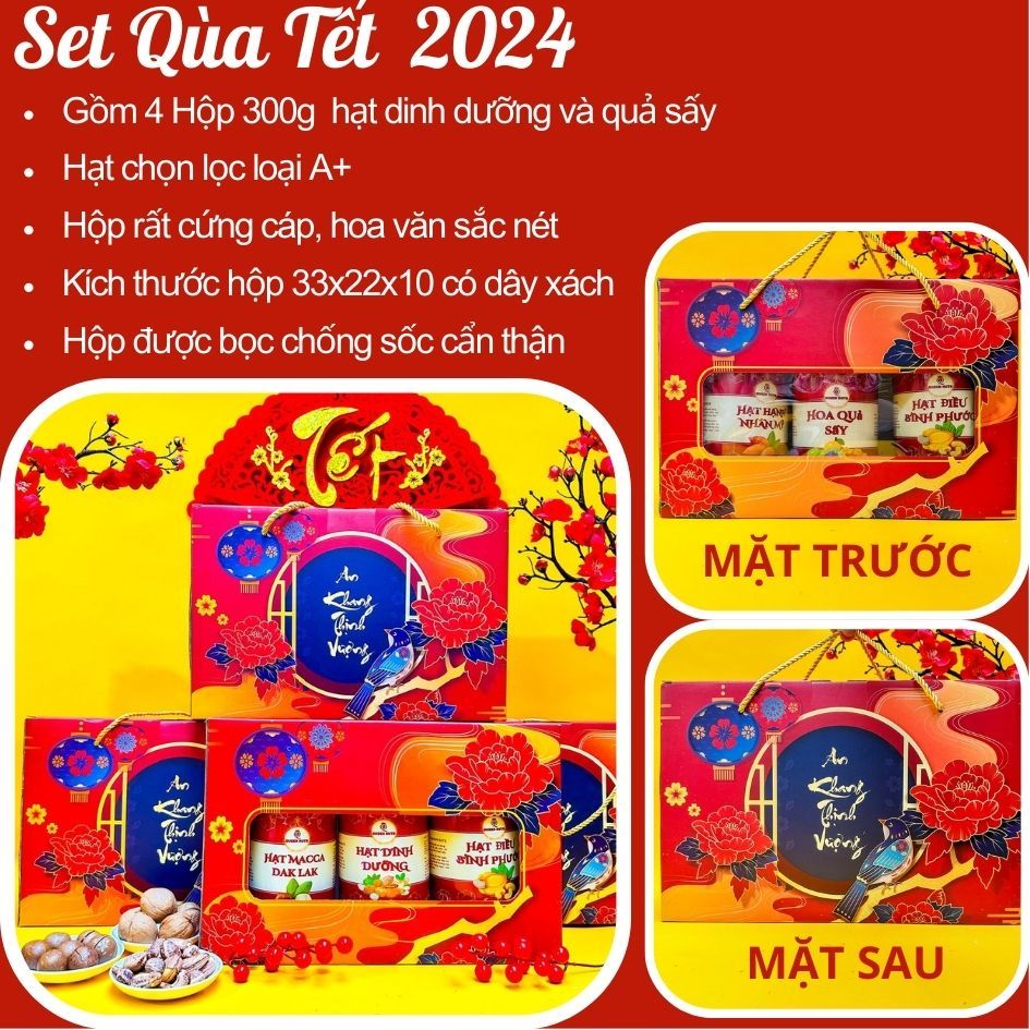 Set hộp quà tết 2024 hạt dinh dưỡng 1.2KG - Set 4 hộp macca, dẻ cười, hạt điều, hạnh nhân