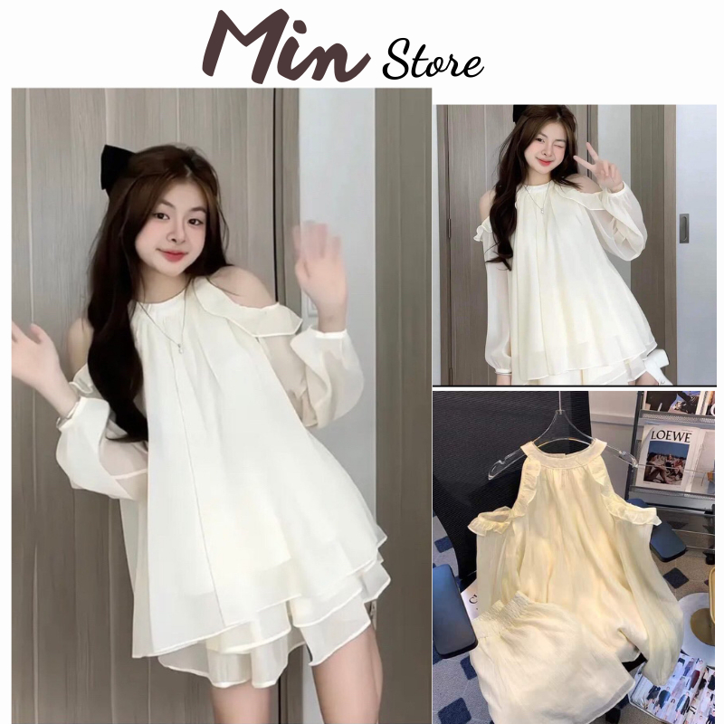 Set bộ nữ áo cổ yếm tay dài trễ vai kèm quần short 2 lớp chất tơ óng ánh tiểu thư