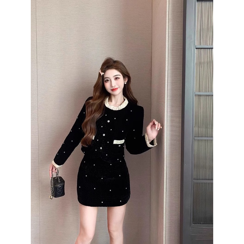 Set Váy Nhung Bling Túi Nơ A69