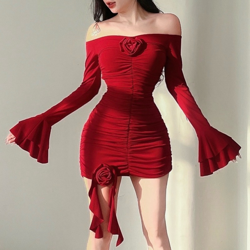 Đầm Body Trễ Vai Nhún Thân Đính Hoa Dáng Ôm Body Tay Loe Sexy