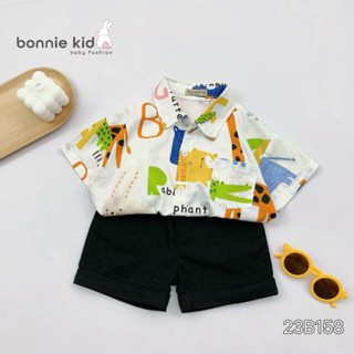 Sa.le lẻ size> Set Bonnie Kid áo sơ mi họa tiết phối quần kaki mềm cho bé trai mặc đi học, đi chơi, đi biển thoải mái