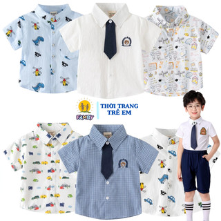 Áo sơ mi ngắn tay có cổ bé trai FAMBY áo đi học trẻ em mùa hè size cho bé 12-27kg