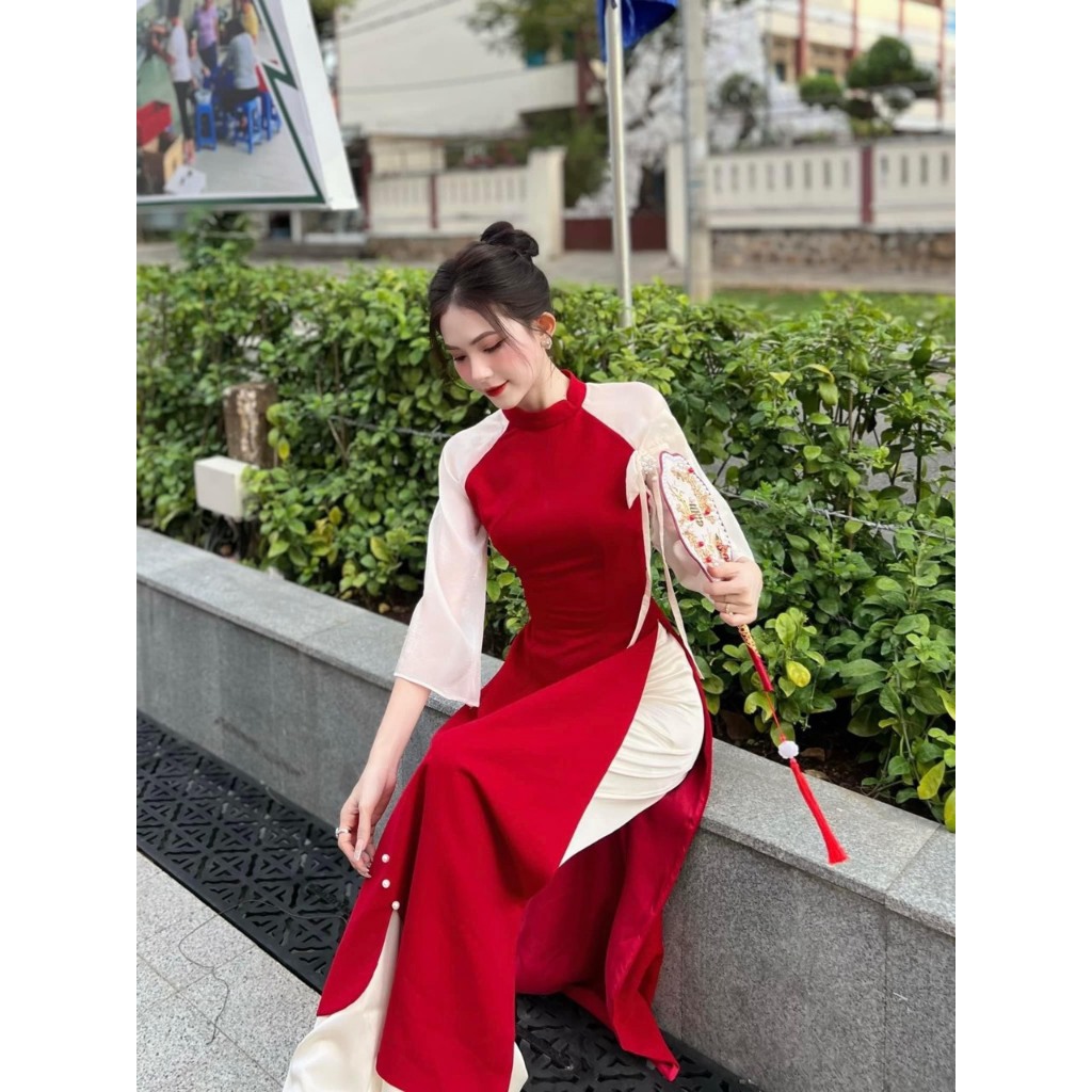 Set áo dài cách tân - Áo dài Tết cổ tàu xéo tay loe phối đỏ trắng đính nơ phù hợp mặc Tết và du xuân HK Shop | BigBuy360 - bigbuy360.vn