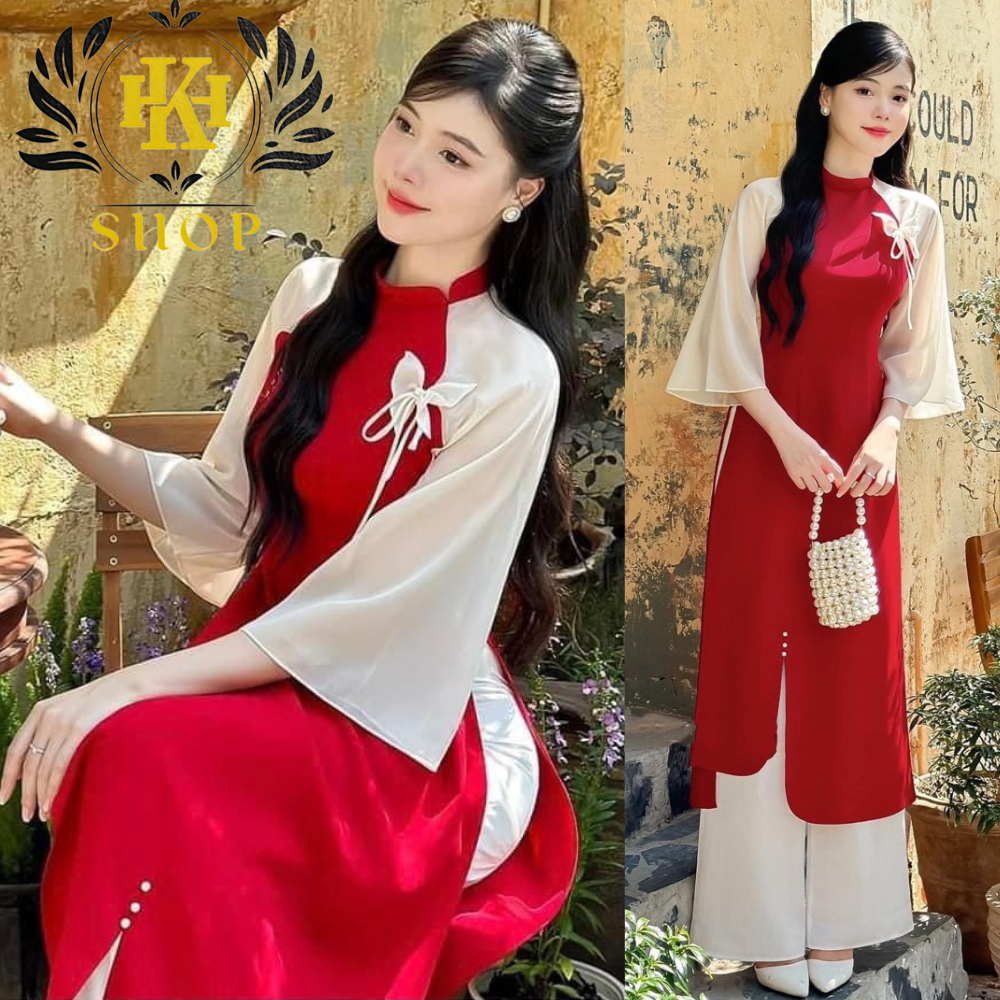 Set áo dài cách tân - Áo dài Tết cổ tàu xéo tay loe phối đỏ trắng đính nơ phù hợp mặc Tết và du xuân HK Shop
