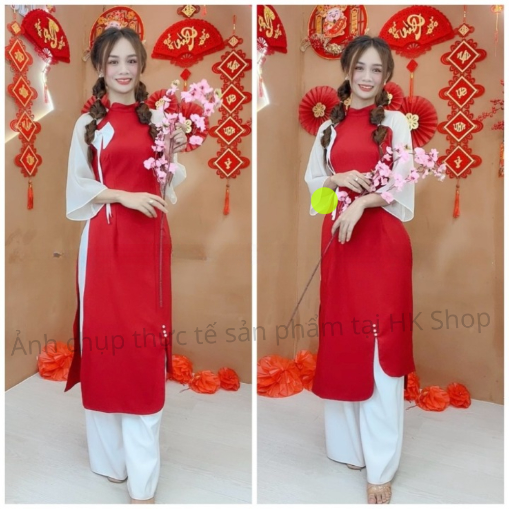 Set áo dài cách tân - Áo dài Tết cổ tàu xéo tay loe phối đỏ trắng đính nơ phù hợp mặc Tết và du xuân HK Shop | BigBuy360 - bigbuy360.vn